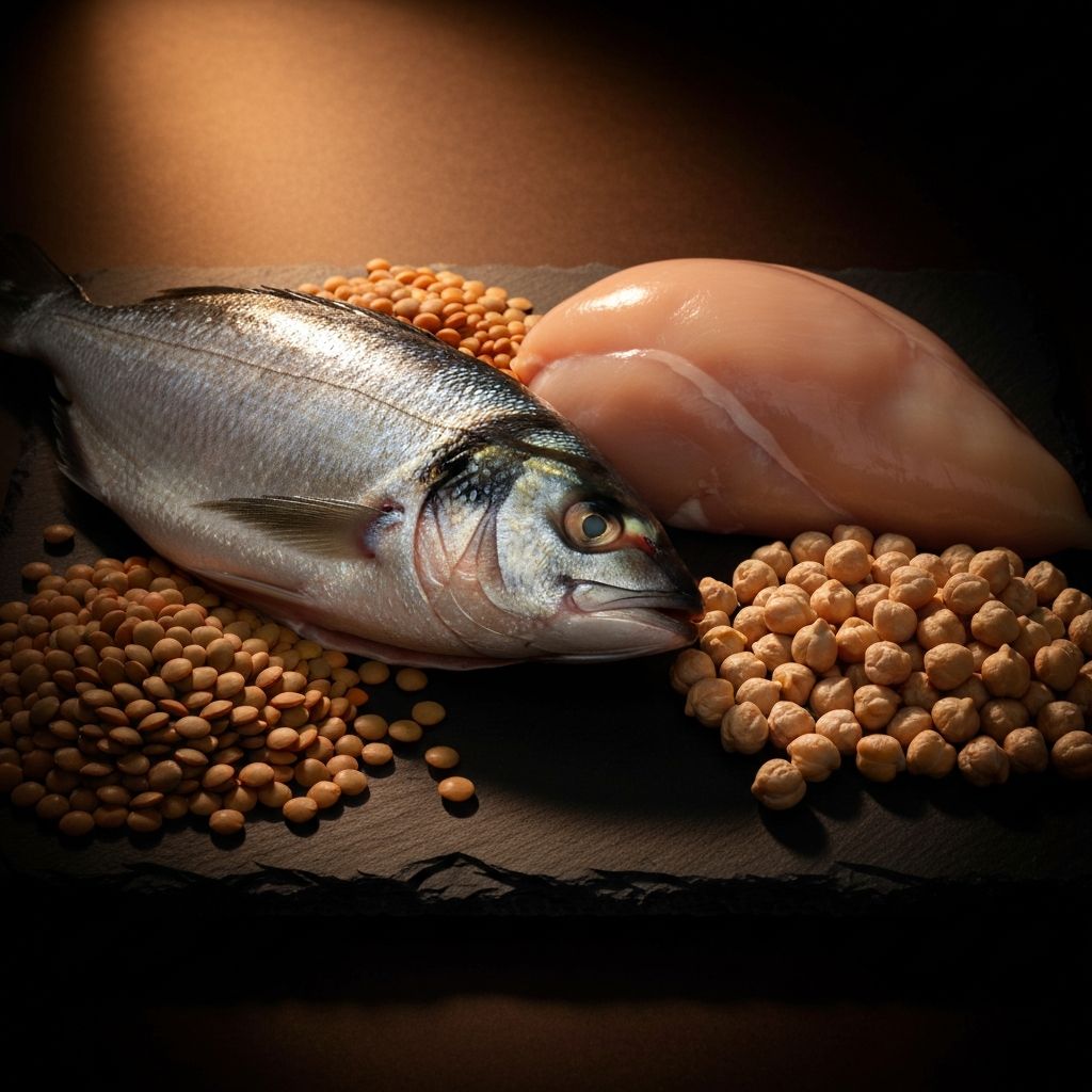 Lean protein sources including fish, chicken and legumes