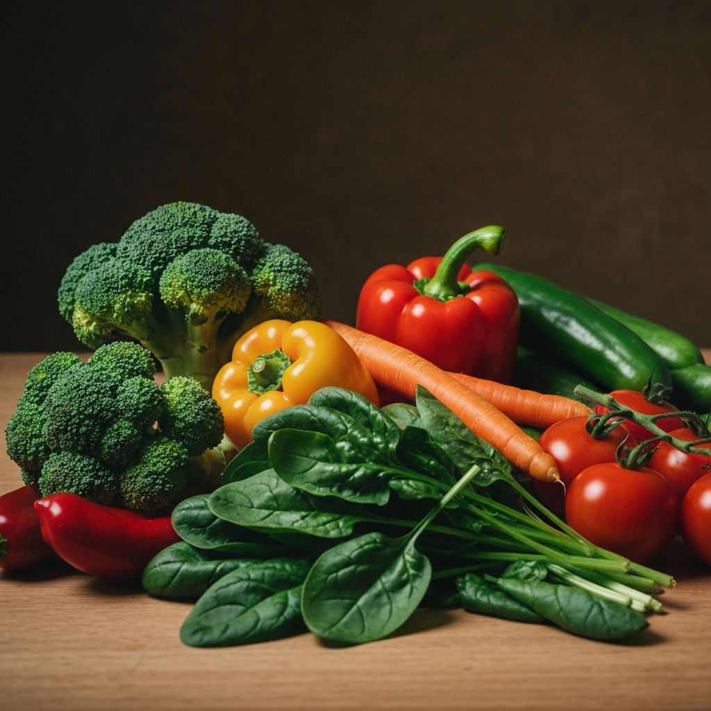 Colorful fresh vegetables including broccoli, peppers and carrots